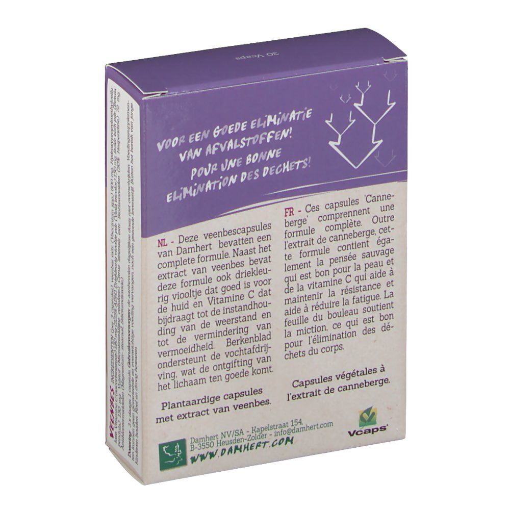 Dos d'une boîte lilas avec texte. Inscription: Veenbes Canneberge. Gélules végétales avec extrait de canneberge.
