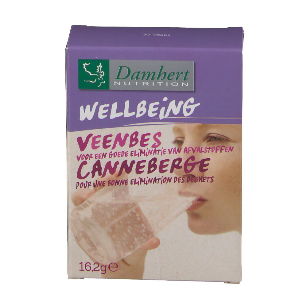 Boîte lilas avec logo Damhert Nutrition et texte. Inscription: Wellbeing, Veenbes Canneberge. Personne boit dans un verre.