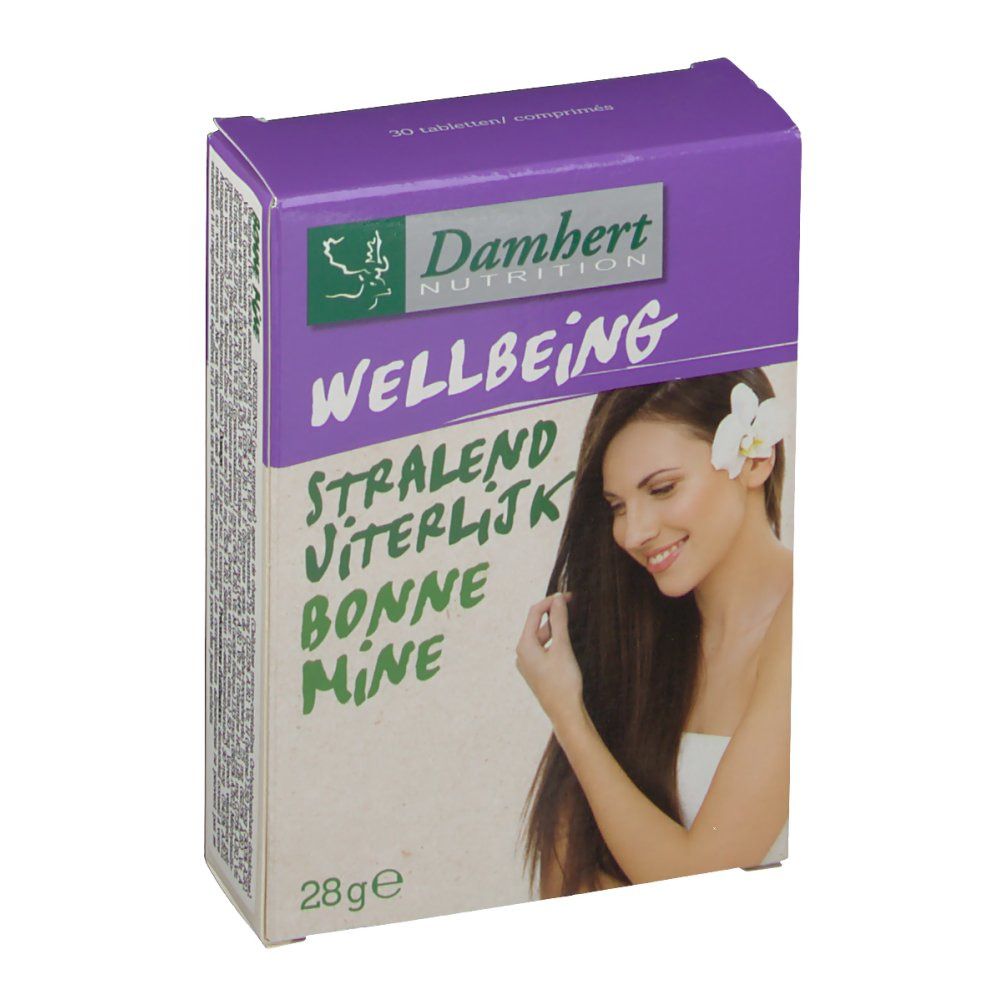 Boîte Damhert Bonne Mine. Couvercle violet, texte vert. Contient des comprimés. Inscription : Wellbeing, Stralend, Viterlijk, Bonne Mine. Femme avec fleur.