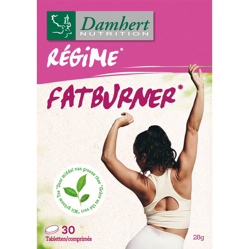 Boîte rose Régime Fatburner. Image d'une femme qui s'étire. 30 comprimés, 28g.
