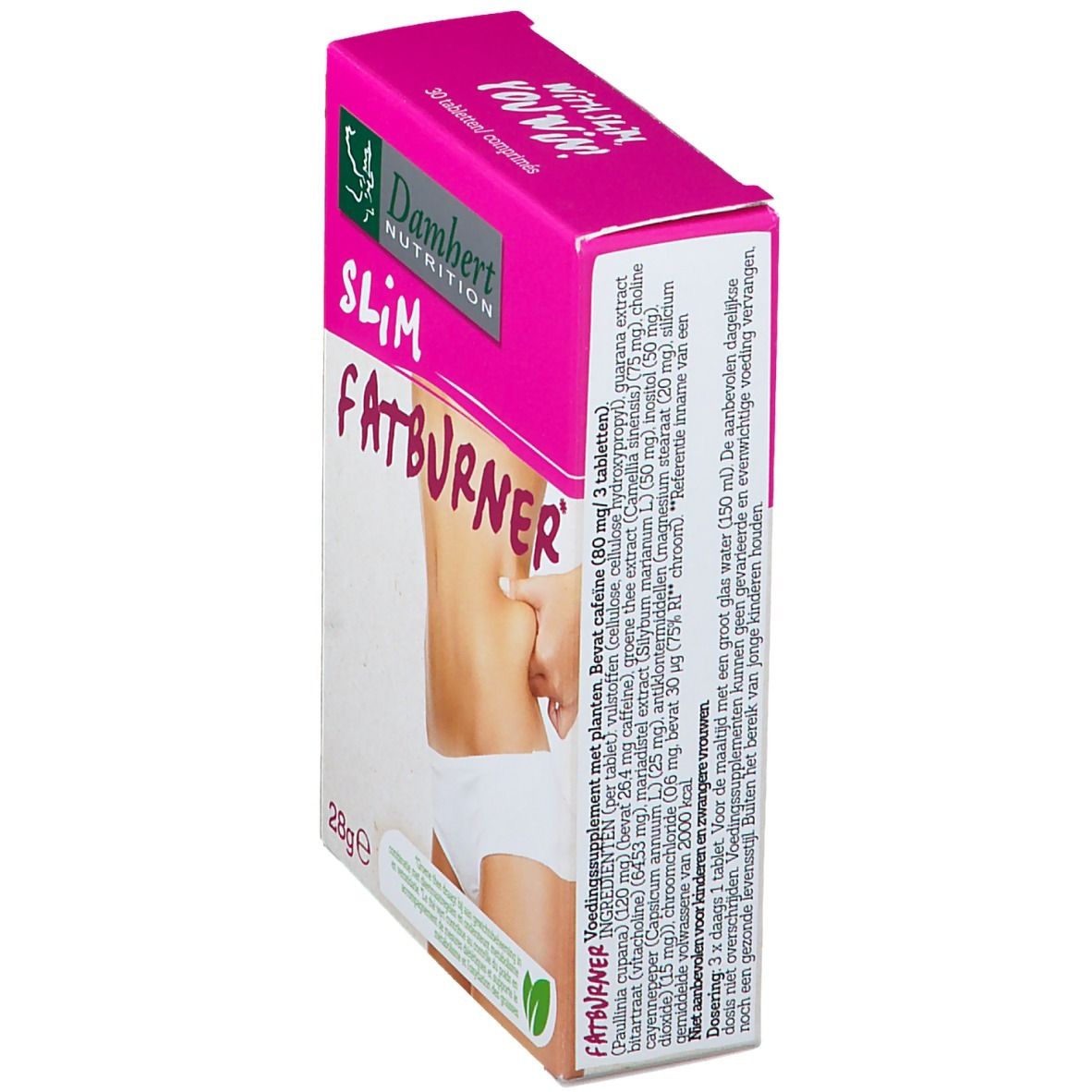 Boîte rose Damhert Slim Fatburner. Image d'une femme. Texte et ingrédients.