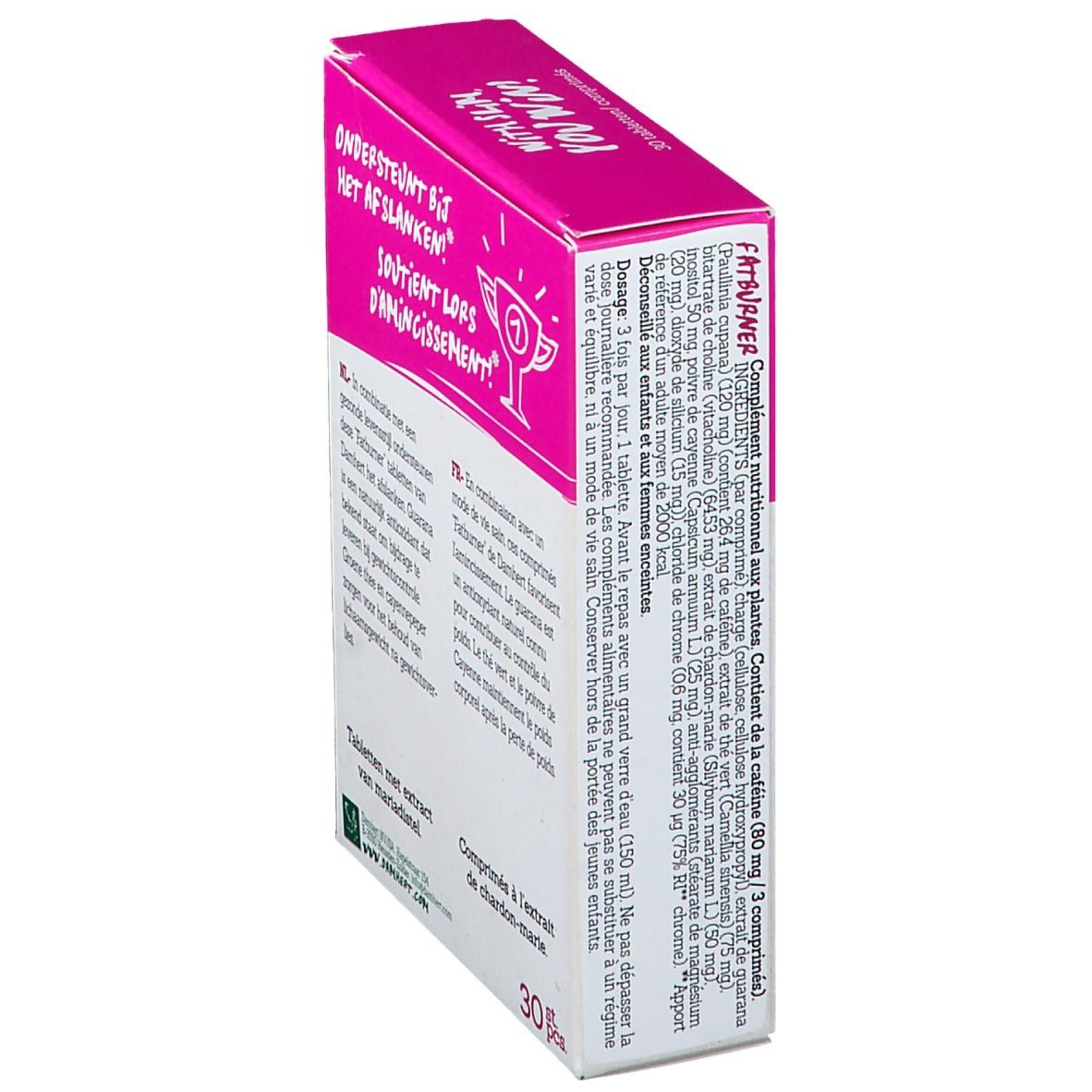 Boîte rose Damhert Slim Fatburner. Verso avec texte et dosage. 30 comprimés.