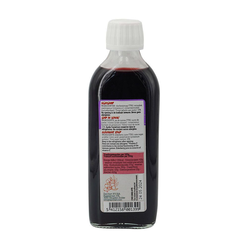 Bouteille en verre avec bouchon blanc, remplie de liquide foncé. Dos avec étiquette.