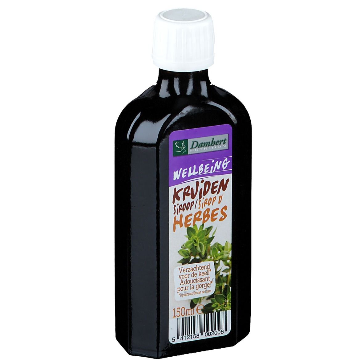 Flacon foncé avec bouchon blanc. Étiquette avec nom du produit et image d'herbes. 150ml.