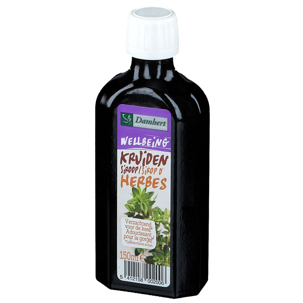 Flacon foncé avec bouchon blanc. Étiquette avec nom du produit et image d'herbes. 150ml.