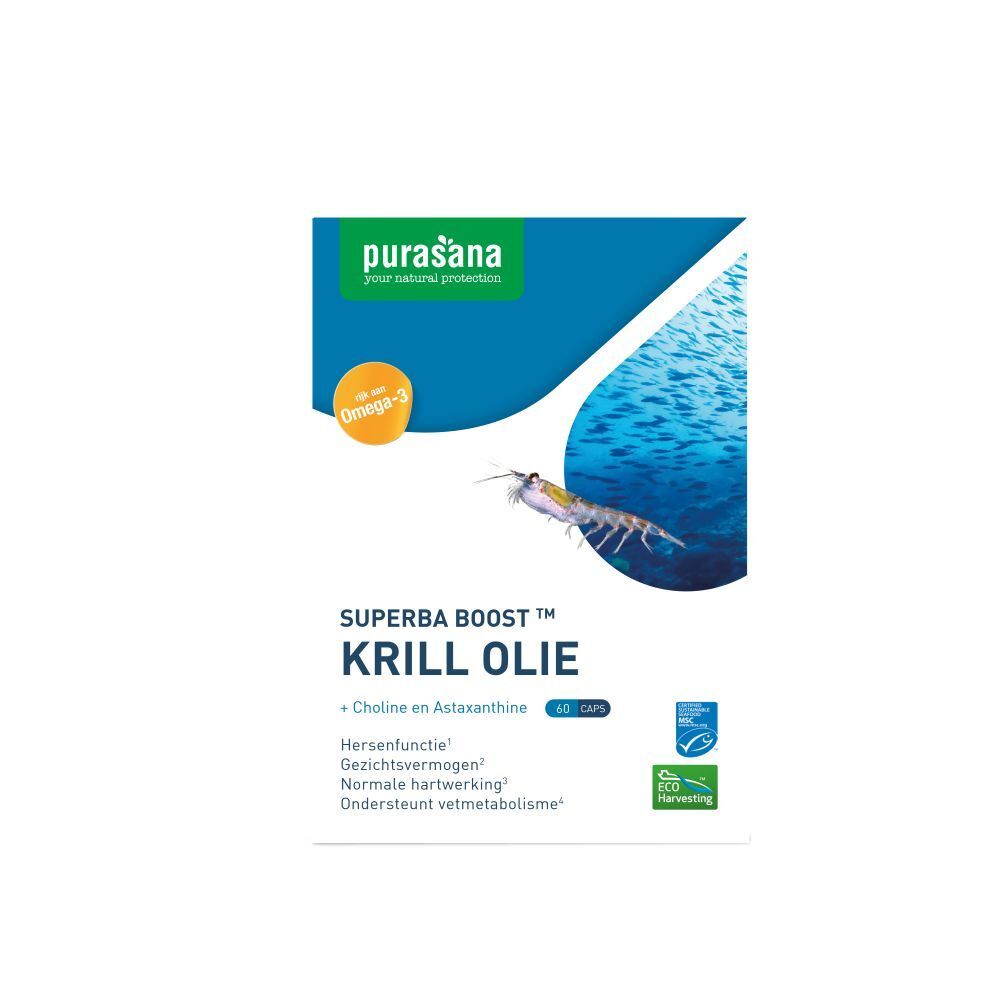 Verpakking met krillolie capsules. Logo Purasana, tekst Superba Boost Krill Olie, Omega-3 symbool, MSC keurmerk.