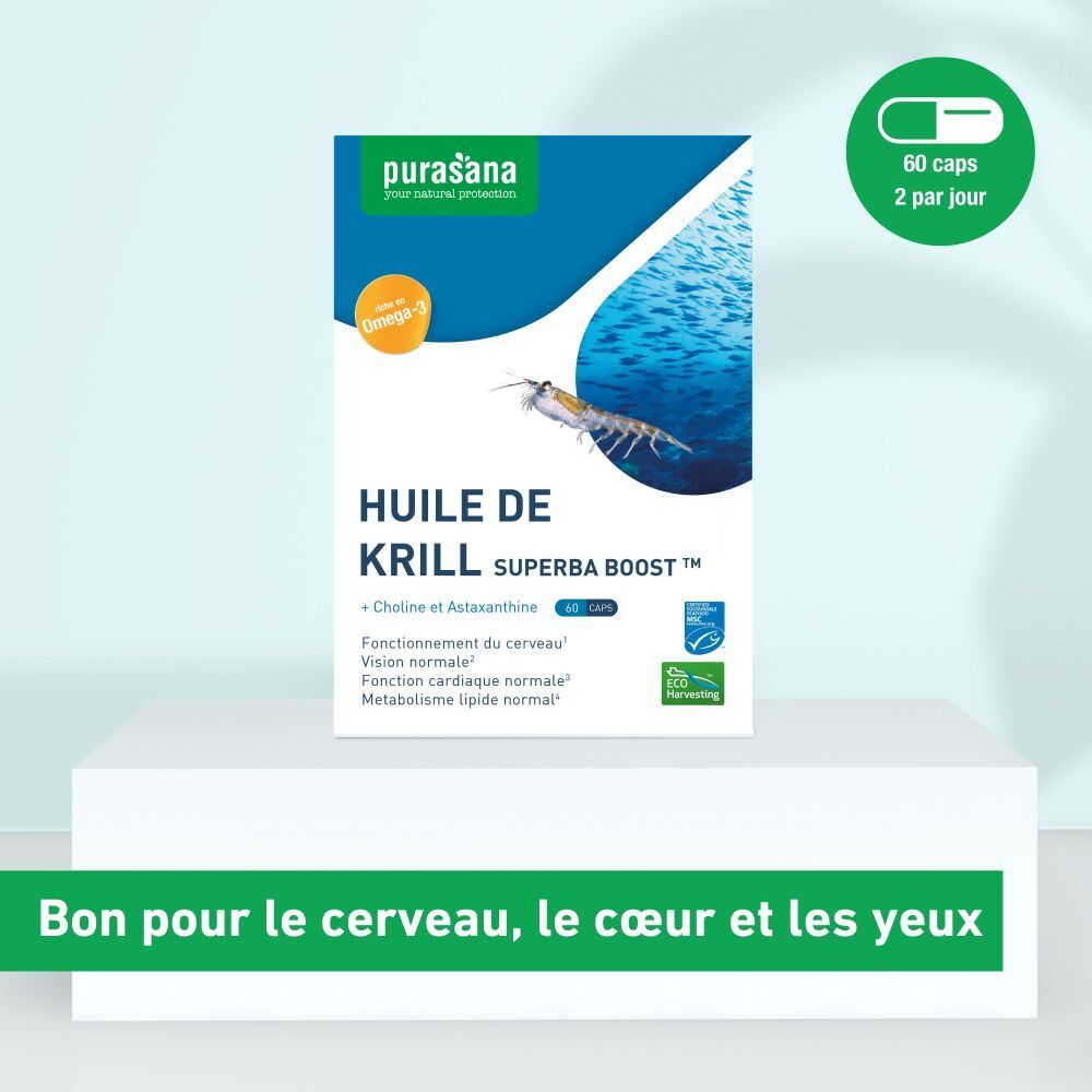 Boîte de gélules d'huile de krill. Logo Purasana, texte Huile de Krill Superba Boost, 60 gélules, symbole Oméga-3, label MSC.