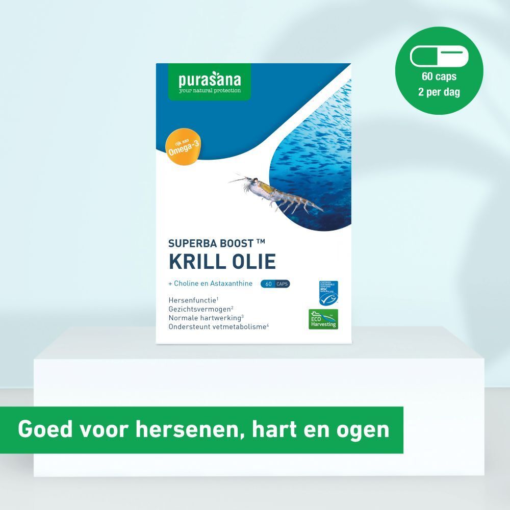 Verpakking met krillolie capsules. Logo Purasana, tekst Superba Boost Krill Olie, 60 capsules, Omega-3 symbool, MSC keurmerk.