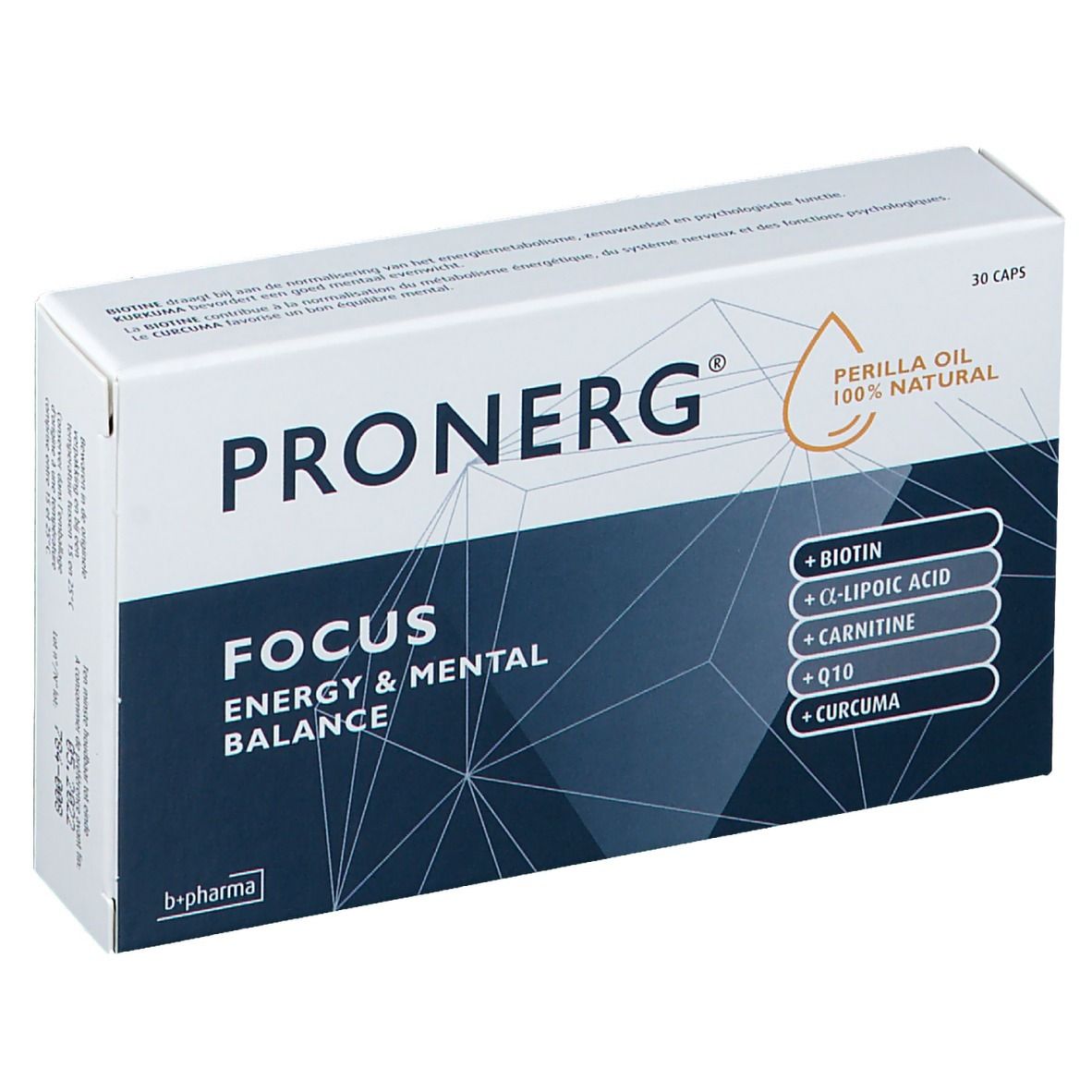 Karton Pronerg Focus, 30 Kapseln. Enthält Biotin, Alpha-Liponsäure, Carnitin, Q10 und Curcuma. Marke B+Pharma.