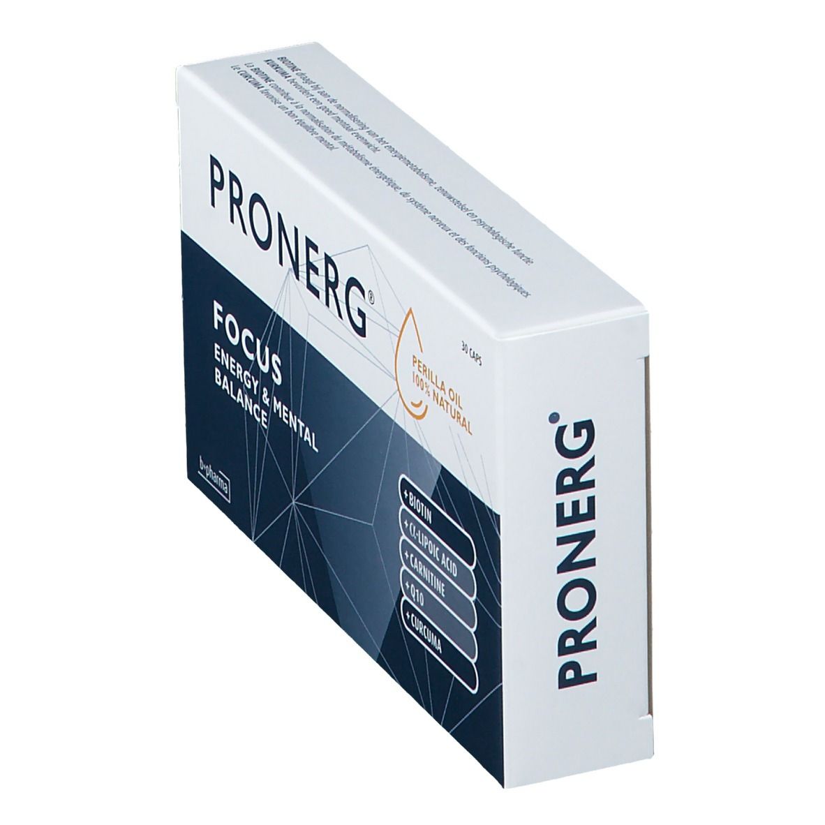 Schrägansicht der Pronerg Focus-Verpackung. Enthält 30 Kapseln. Marke B+Pharma. Enthält Biotin, Alpha-Liponsäure, Carnitin, Q10.