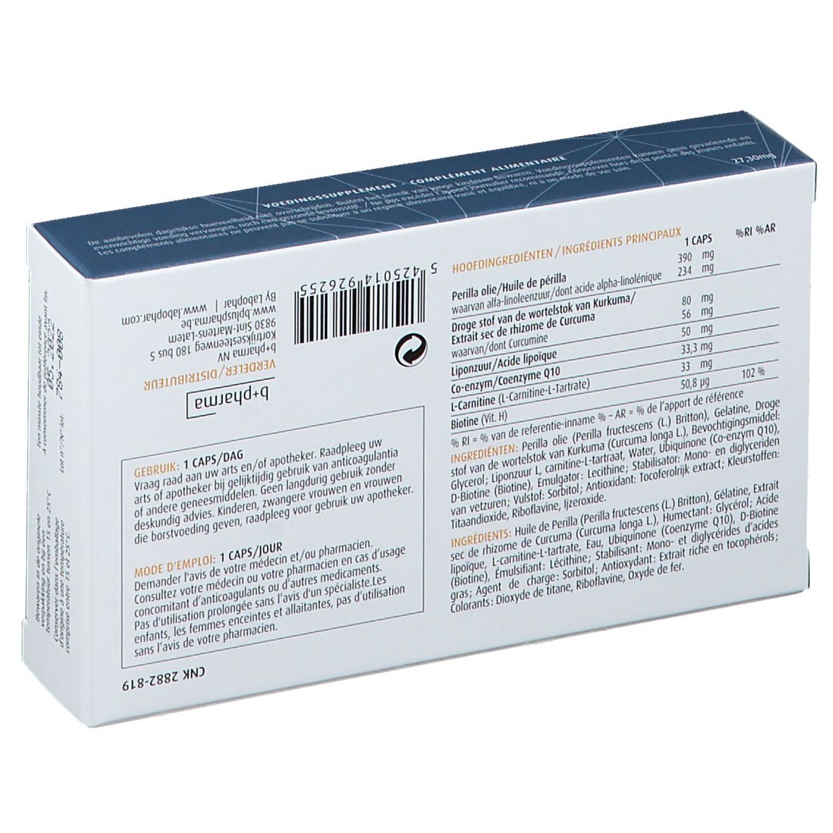 Rückseite der Pronerg Focus-Verpackung. Enthält Inhaltsstoffe und Nährwertangaben. Marke B+Pharma.