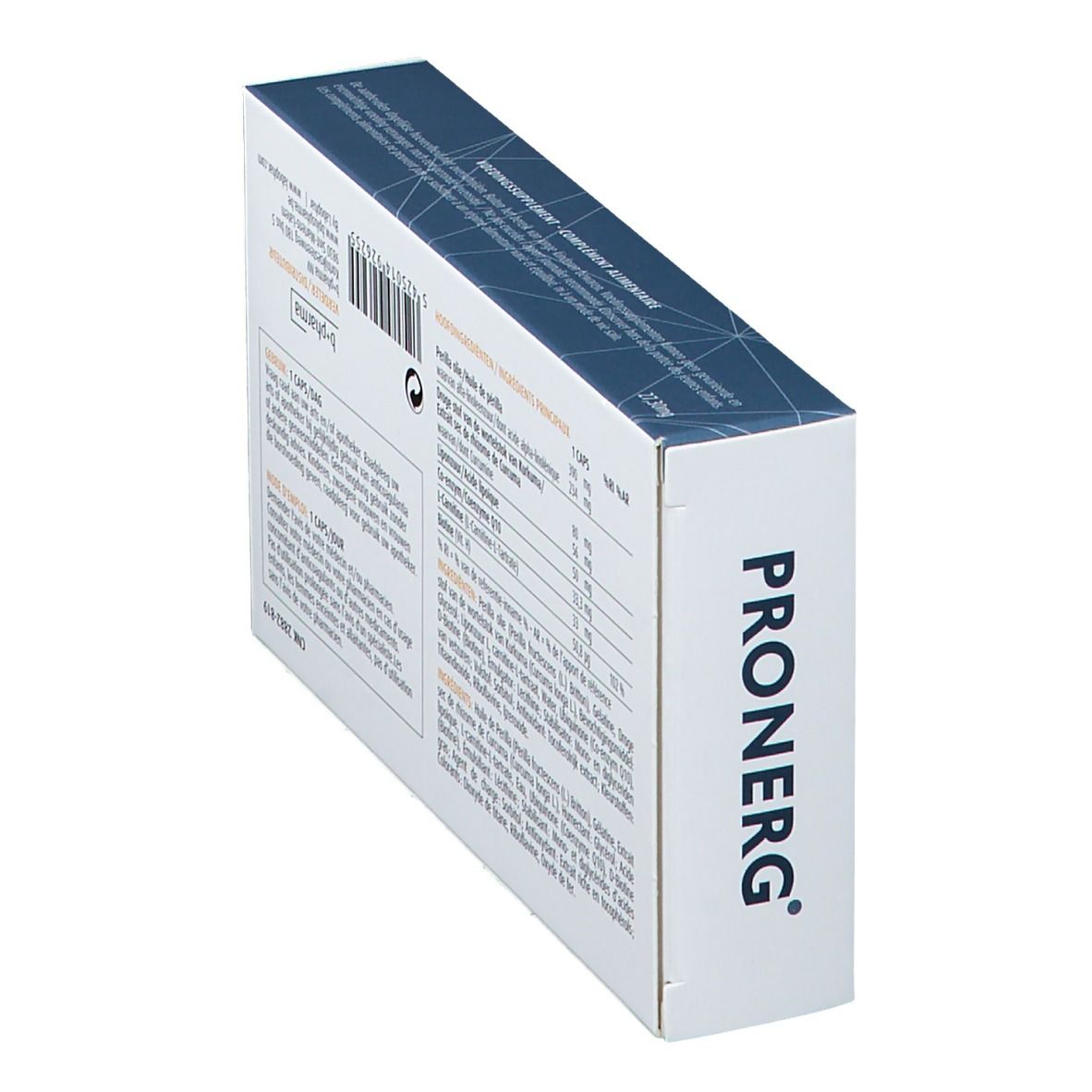 Schrägansicht der Pronerg Focus-Verpackung. Enthält Inhaltsstoffe und Nährwertangaben. Marke B+Pharma.
