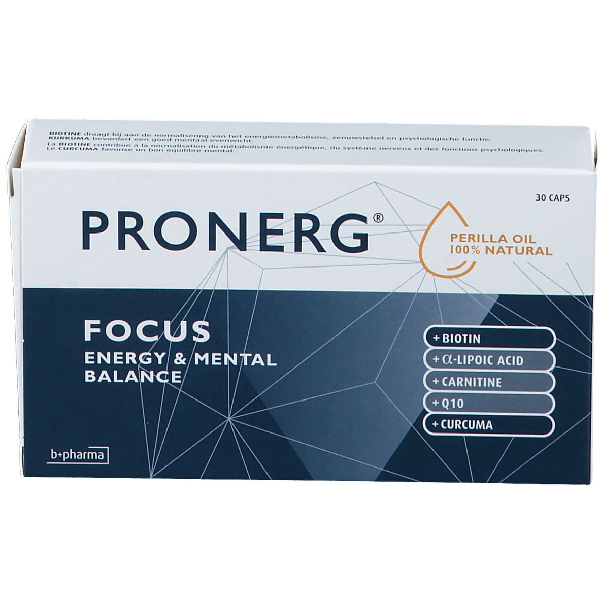 Pronerg Focus-Verpackung mit 30 Kapseln. Enthält Biotin, Alpha-Liponsäure, Carnitin, Q10 und Curcuma. Marke B+Pharma.