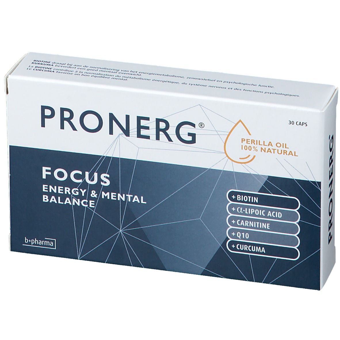 Pronerg Focus-Verpackung mit 30 Kapseln. Enthält Biotin, Alpha-Liponsäure, Carnitin, Q10 und Curcuma. Marke B+Pharma.