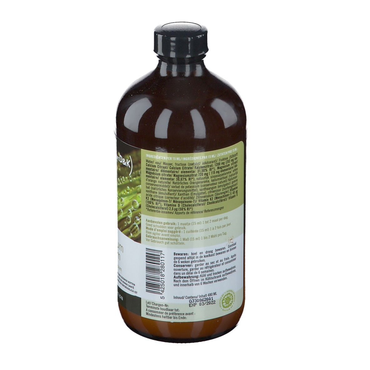 Rückseite einer braunen Flasche mit schwarzem Deckel. Etikett mit Produktinformationen und Barcode. Marke: Nataos Key Nutrition.