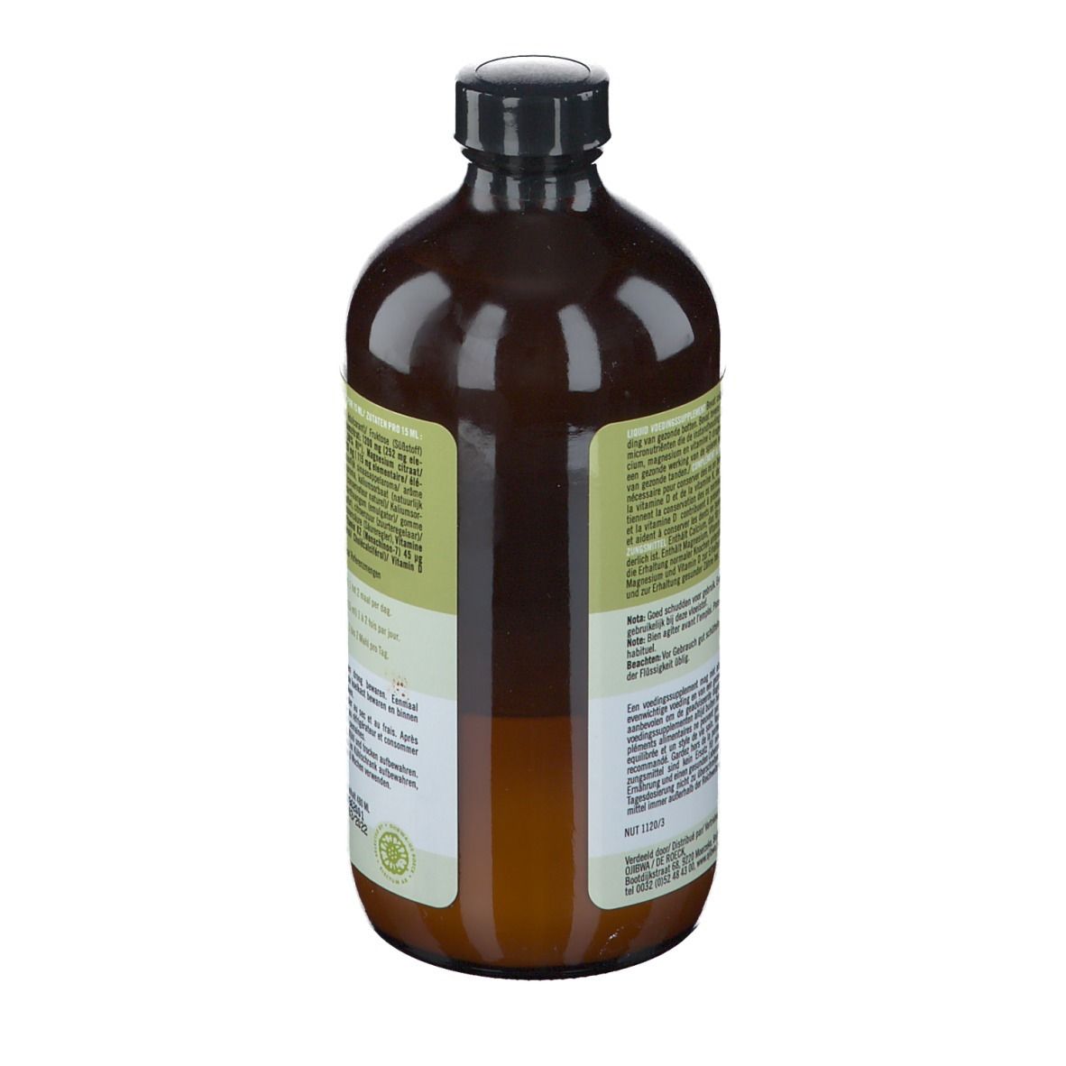 Rückansicht einer braunen Flasche mit schwarzem Deckel. Etikett mit Produktinformationen. Marke: Nataos Key Nutrition.