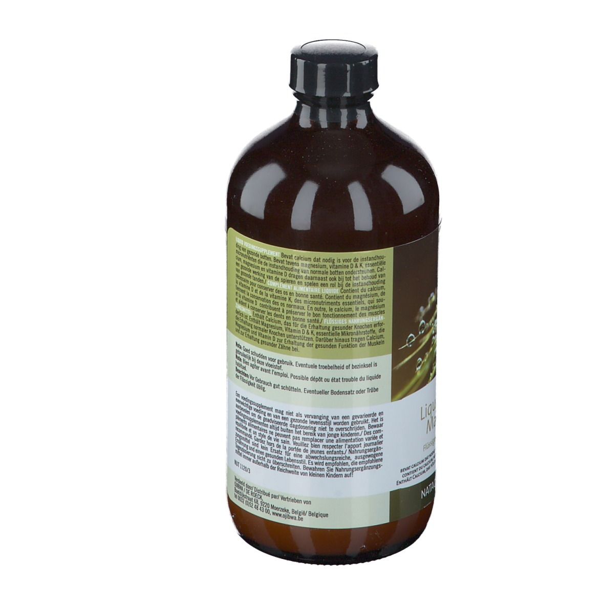 Rückansicht einer braunen Flasche mit schwarzem Deckel. Etikett mit Produktinformationen. Marke: Nataos Key Nutrition.