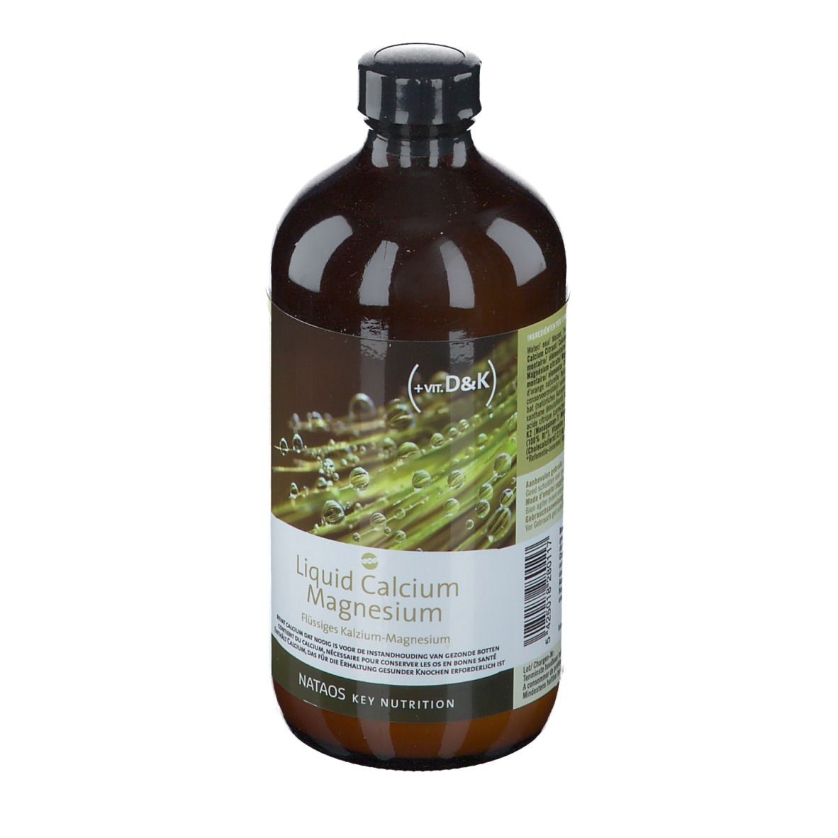 Braune Flasche mit schwarzem Deckel. Etikett mit Produktbezeichnung: Liquid Calcium Magnesium. Marke: Nataos Key Nutrition.