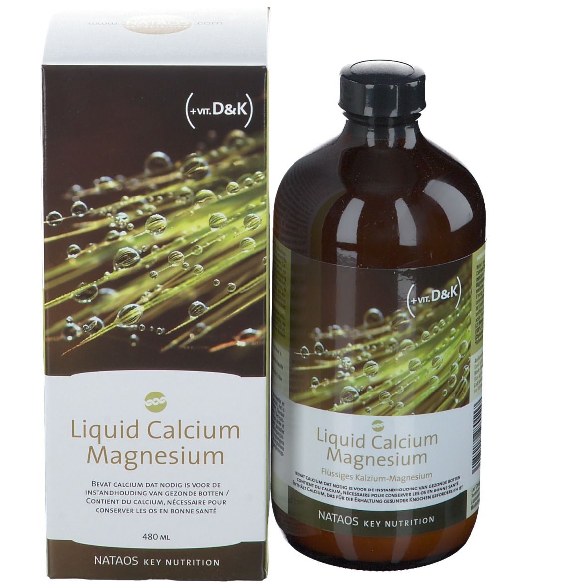 Flasche und Karton. Flasche: Liquid Calcium Magnesium. Karton: Liquid Calcium Magnesium. Marke: Nataos Key Nutrition.
