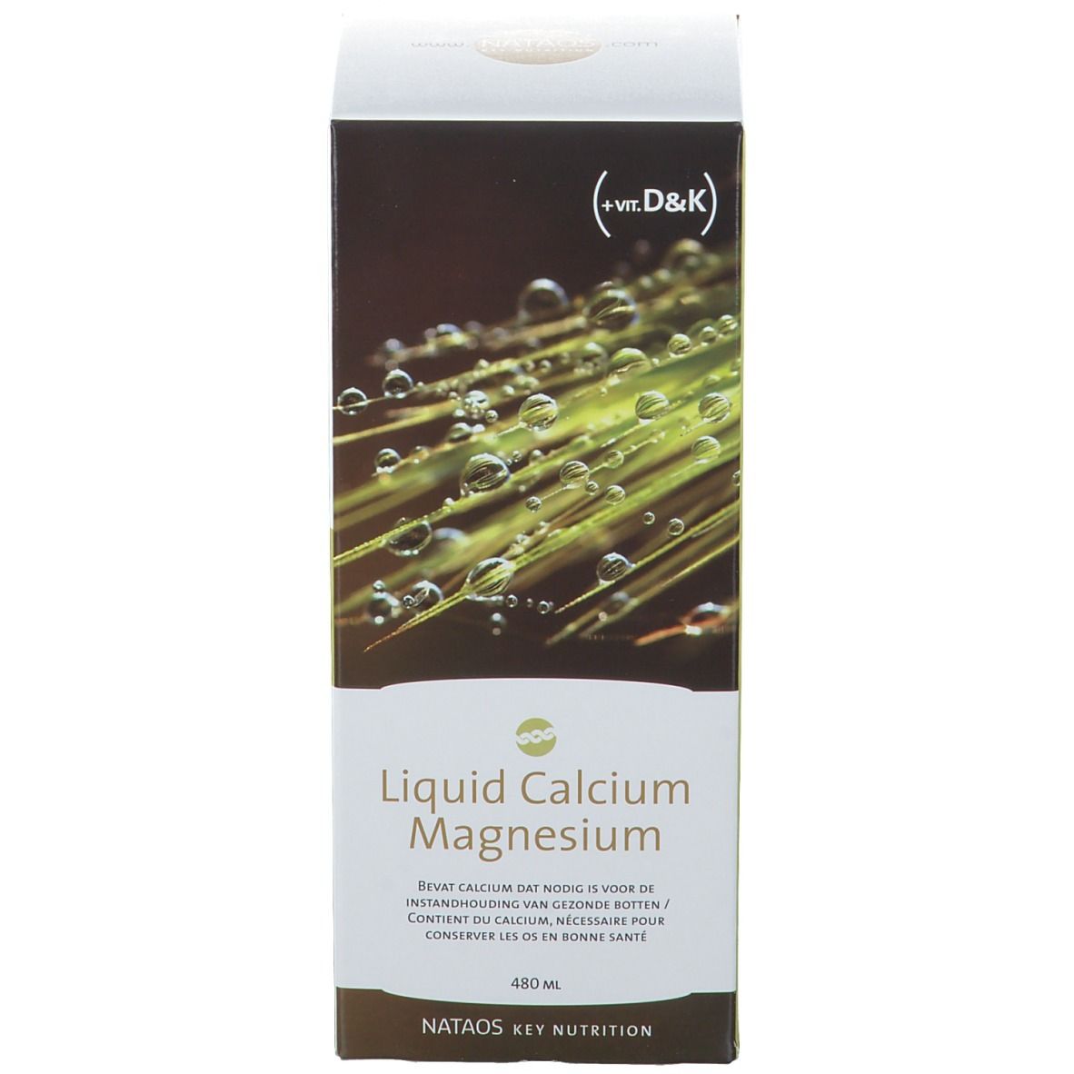 Karton mit Produktbezeichnung: Liquid Calcium Magnesium. Marke: Nataos Key Nutrition. Enthält 480 ml.