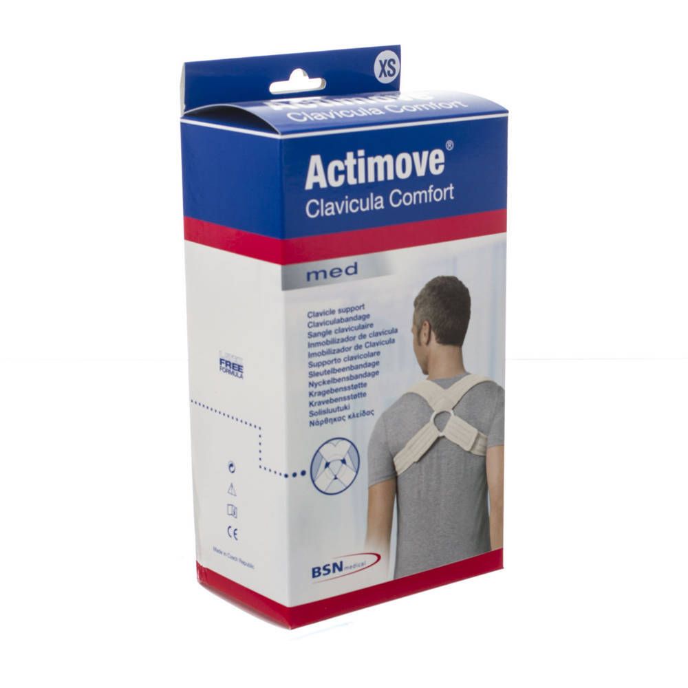 Boîte Actimove Clavicula Comfort XS. Image du produit avec un porteur montrant le produit sur le corps. Taille XS.