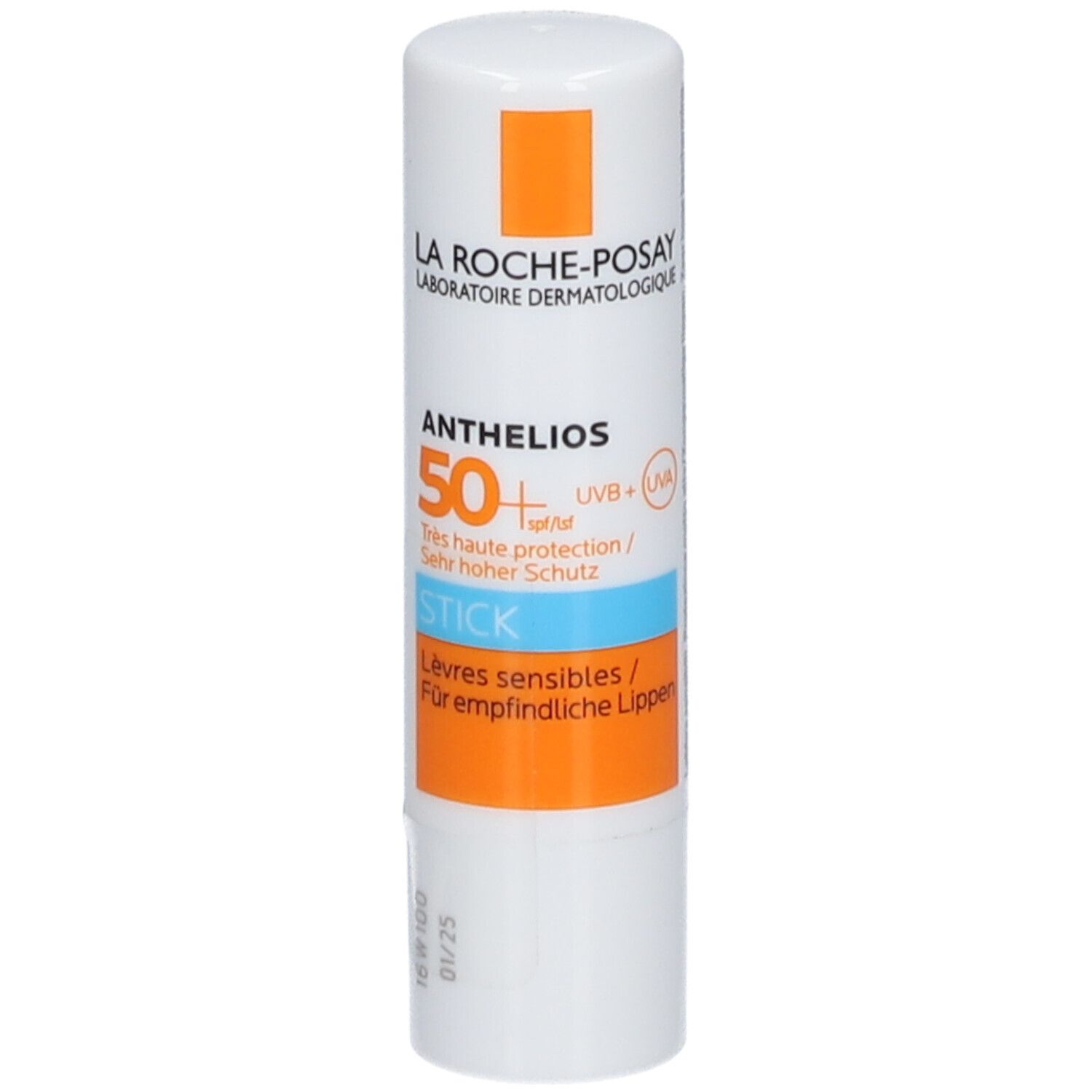 Witte lippenbalsem met oranje en blauwe accenten. Opschrift: Anthelios 50+ SPF, Stick, Gevoelige lippen. Merk: La Roche-Posay.