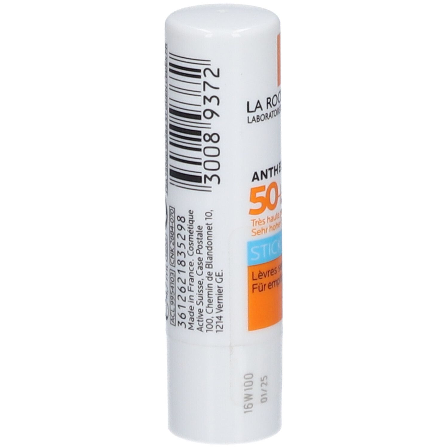 Witte lippenbalsem met barcode en tekst. Opschrift: Anthelios 50+ SPF, Stick, Gevoelige lippen. Gemaakt in Frankrijk.