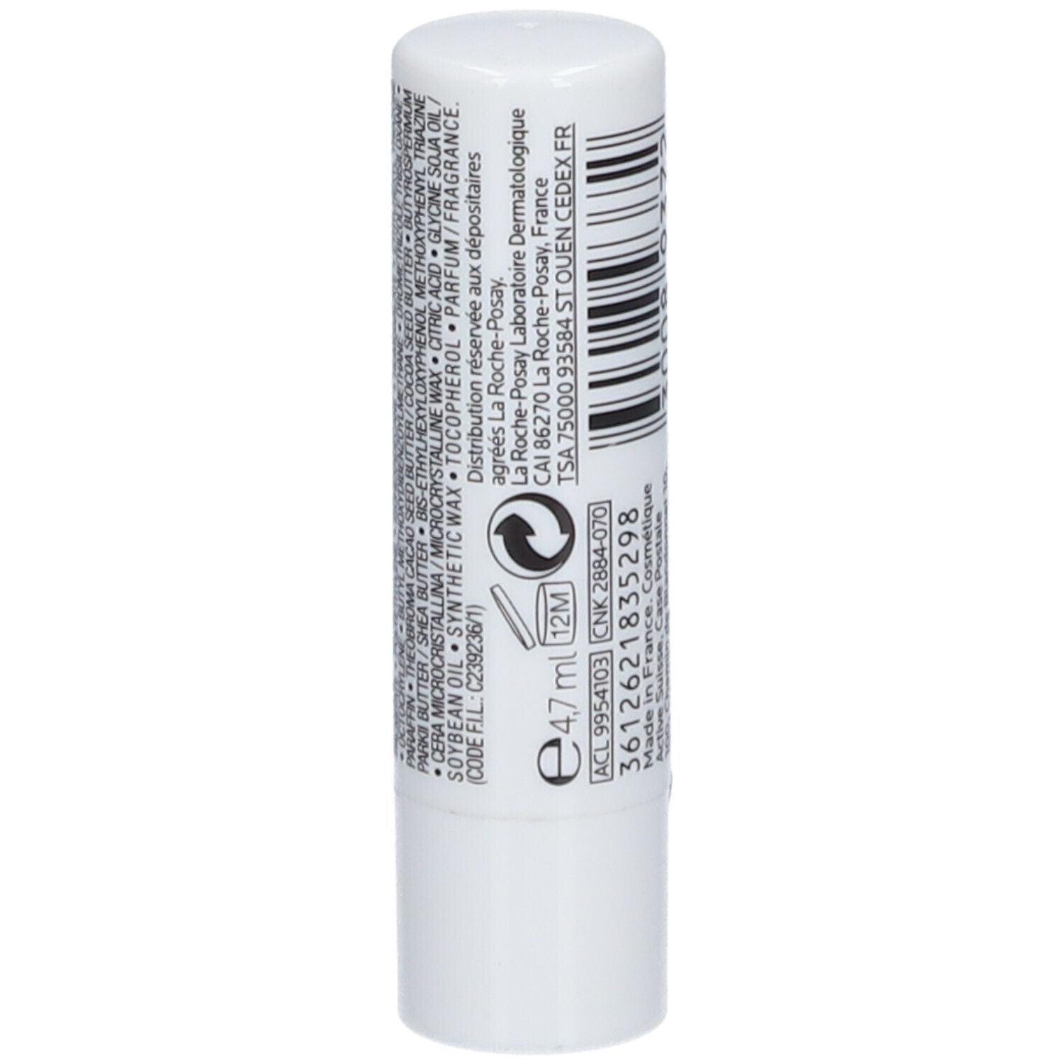 Witte lippenbalsem met tekst. Opschrift: Ingrediënten, La Roche-Posay, 4,7 ml, 12M. Gemaakt in Frankrijk.
