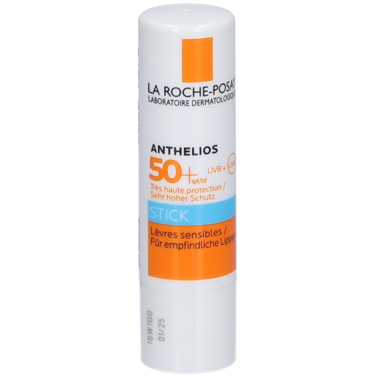 Witte lippenbalsem met oranje en blauwe accenten. Opschrift: Anthelios 50+ SPF, Stick, Gevoelige lippen. Merk: La Roche-Posay.