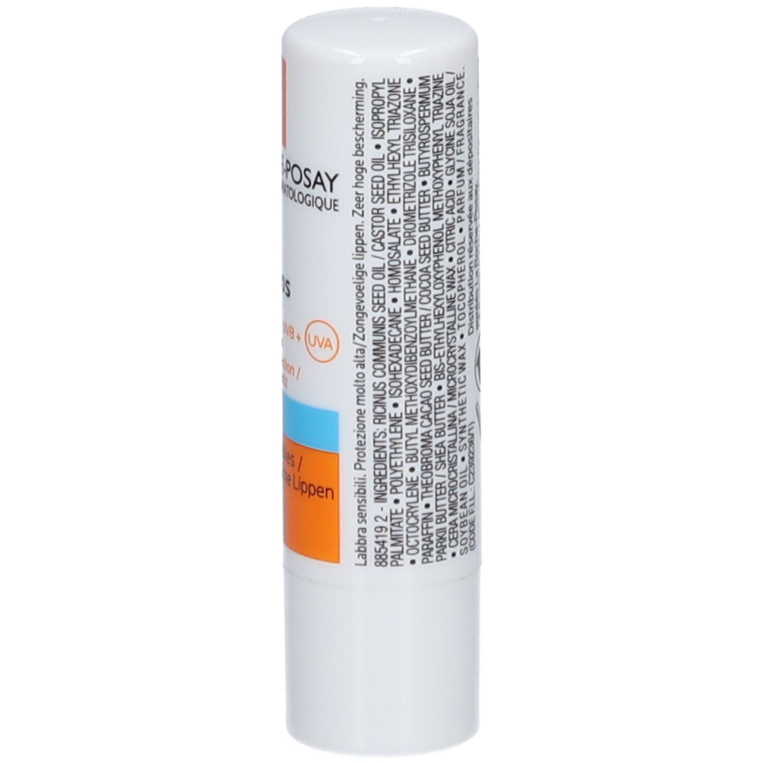 Witte lippenbalsem met tekst. Opschrift: Ingrediënten, Anthelios, Gevoelige lippen. Merk: La Roche-Posay.