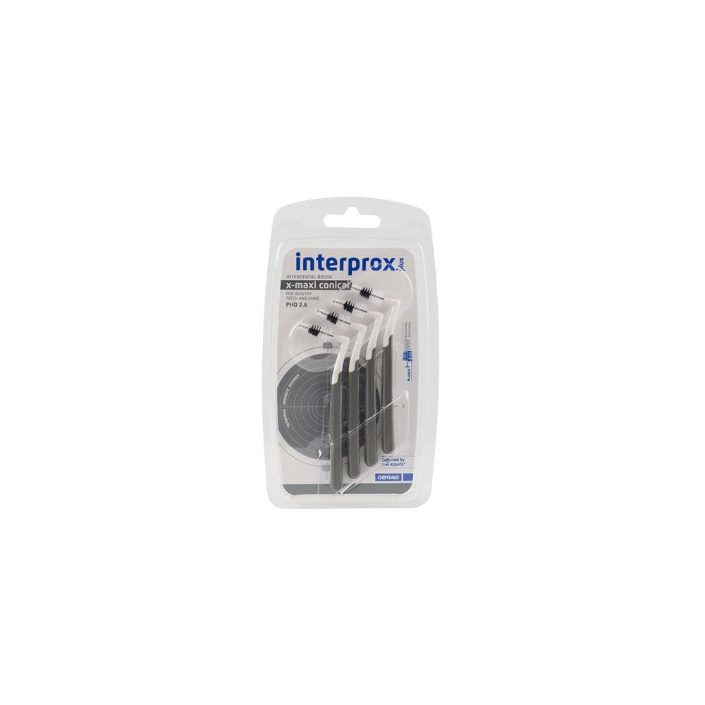 Brosses interdentaires en blister. Têtes noires, manche blanc. Nom du produit: Interprox.