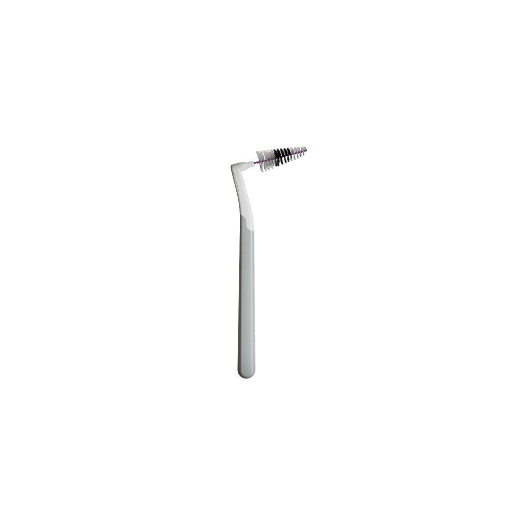 Brosse interdentaire Interprox unique. Manche blanc, tête noire. Conception angulaire.