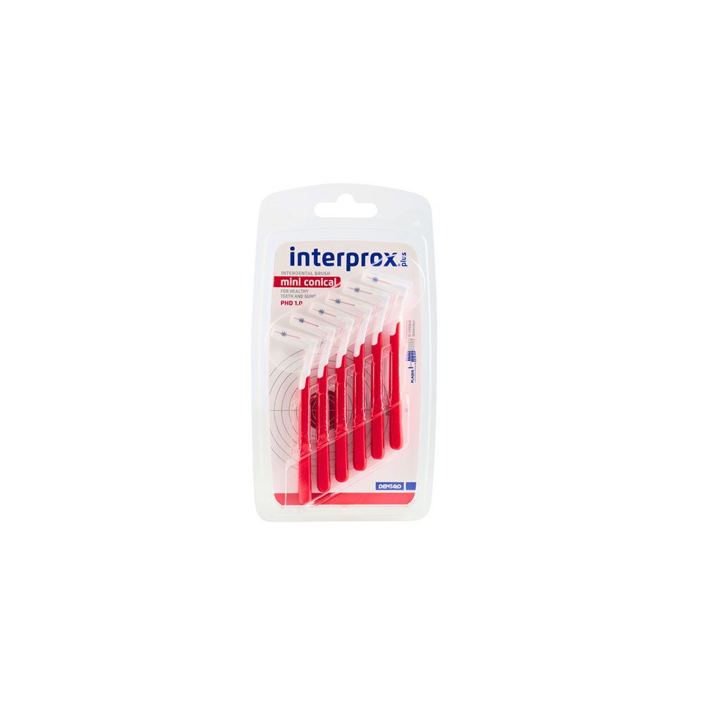 Verpakking met zes rode tandenborstels. Plastic verpakking met productnaam.