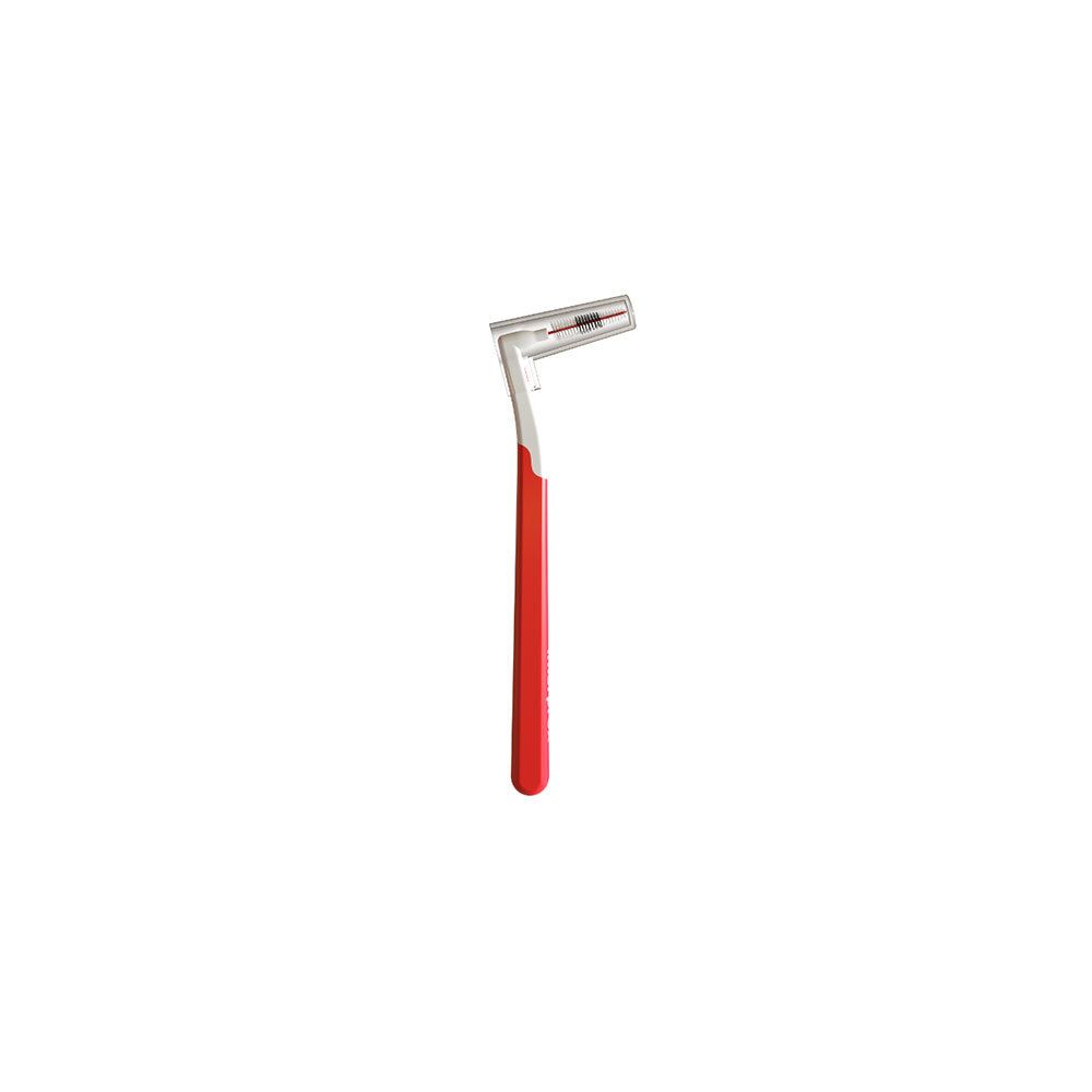 Brossette interdentaire rouge unique avec tête blanche. Conception angulaire.