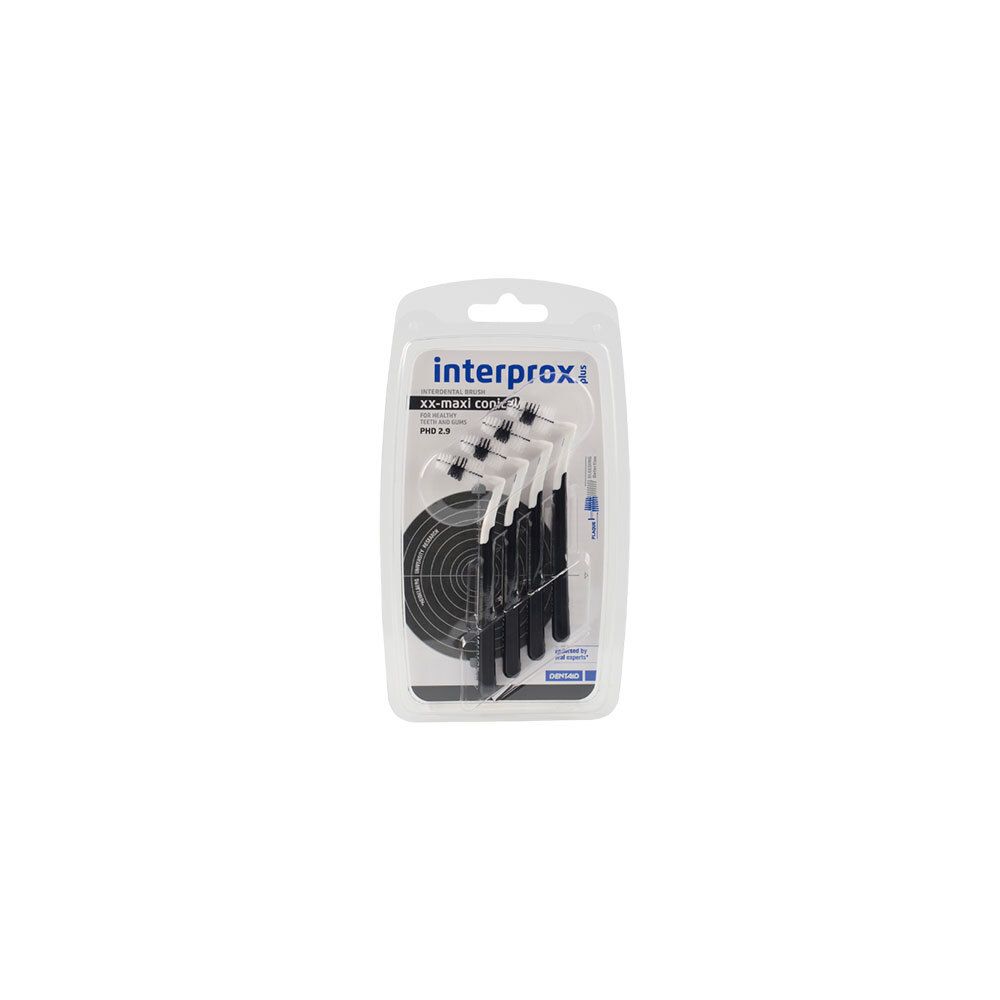 Interprox Plus Brush XX Maxi, in blisterverpakking. Meerdere borstels met zwarte handvatten en witte borstelharen.