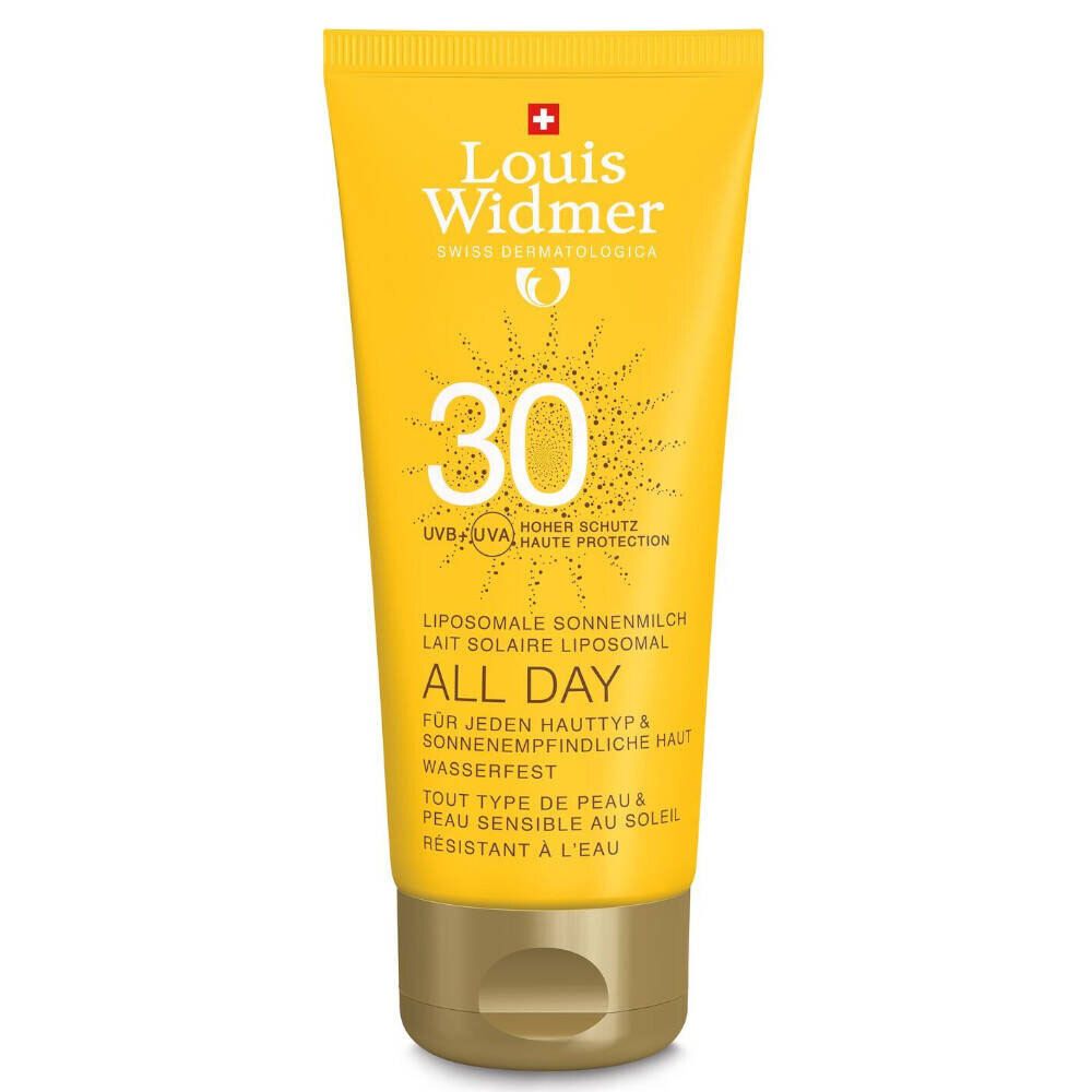 Gele tube zonnecrème. Opschrift: Louis Widmer, 30, All Day. Zwitsers kruis.
