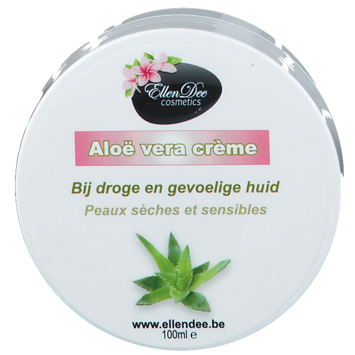 Crèmepot met deksel. Opschrift: Aloe vera crème. Logo: Ellen Dee Cosmetics. Tekst: Bij droge en gevoelige huid. Peaux sèches et sensibles.
