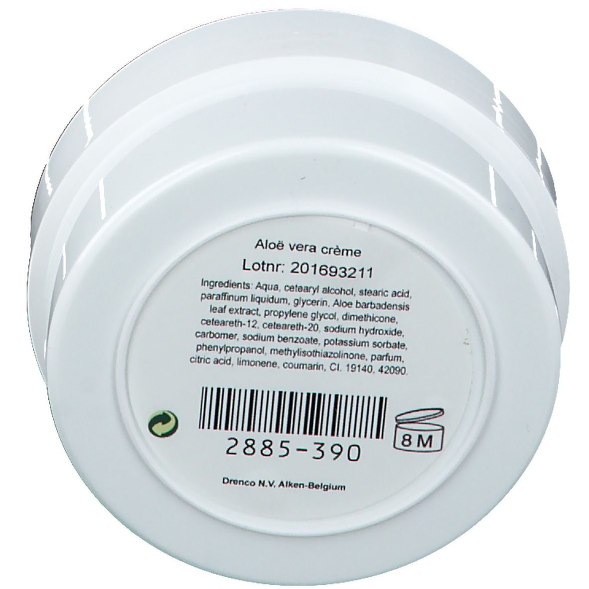 Onderkant van een crèmepot. Tekst: Aloe vera crème. Ingrediënten. Lotnr. 201693211. Barcode. 8M-symbool. Fabrikant: Drenco N.V. Aken-België.
