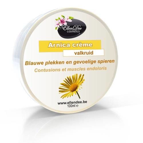Pot rond avec logo "Ellen Dee cosmetics" et inscription "Arnica crème". Texte en néerlandais et français. Fleur jaune illustrée.