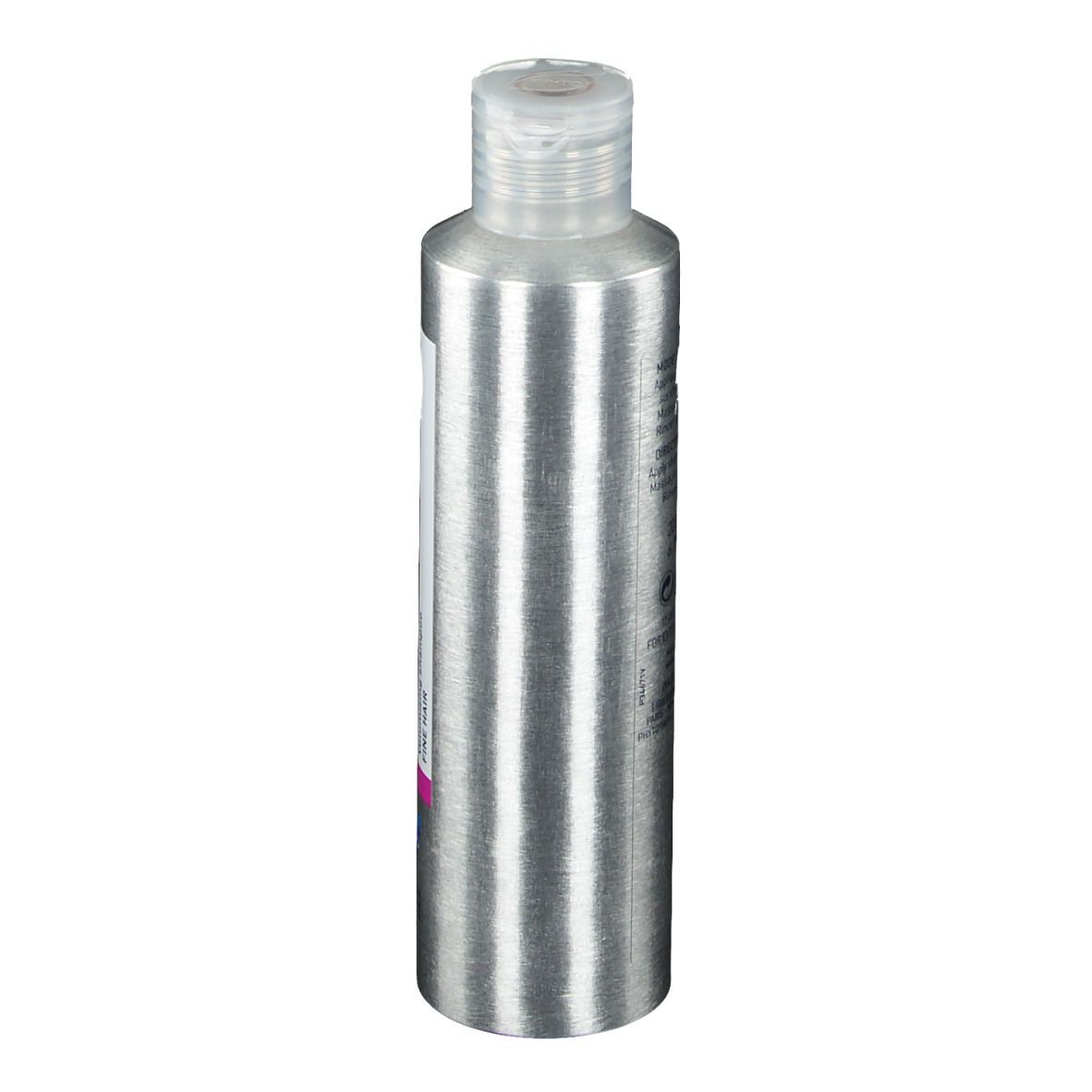 Flacon de shampooing cylindrique argenté avec étiquette blanche. Le bouchon est transparent.