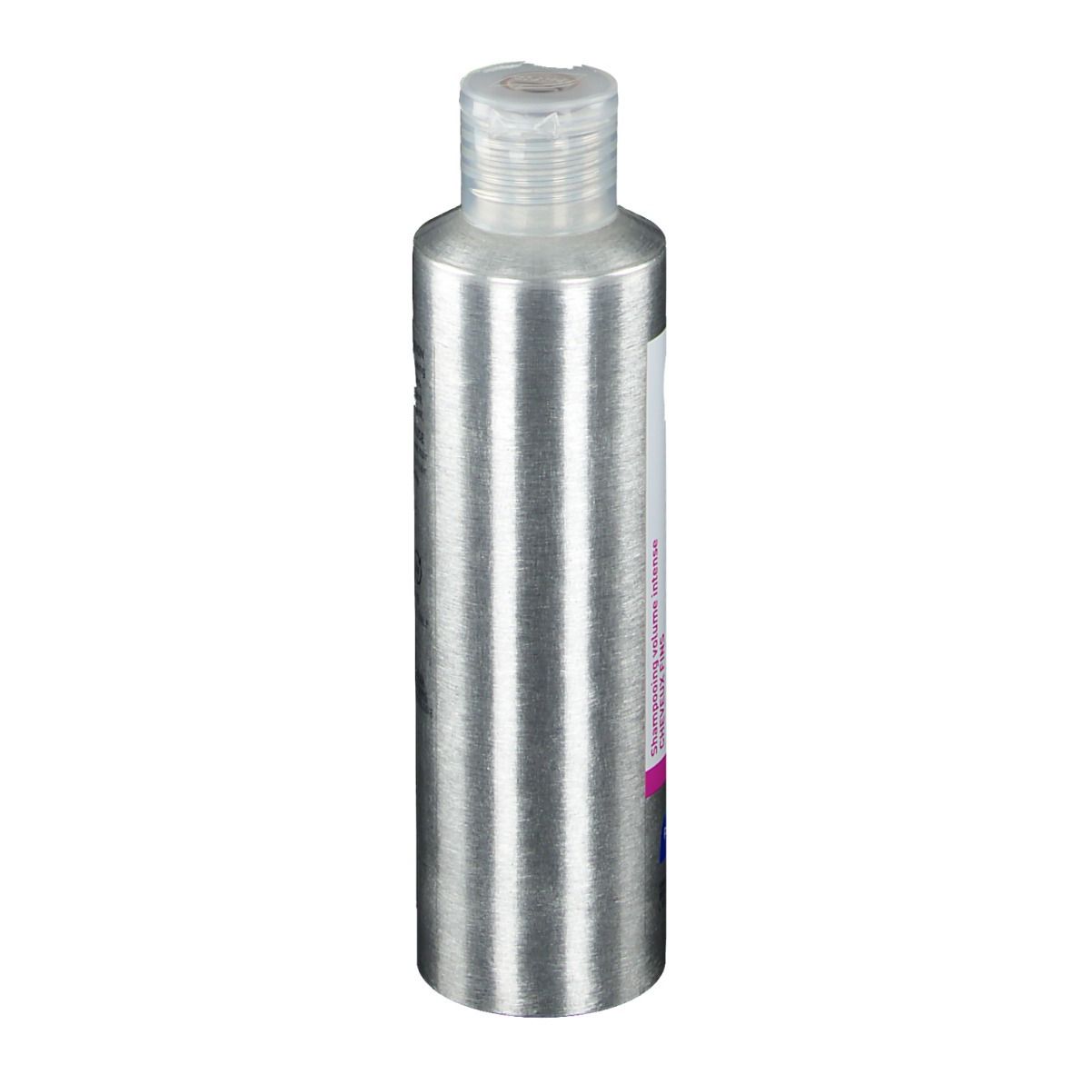 Flacon de shampooing argenté avec étiquette blanche et bouchon transparent.