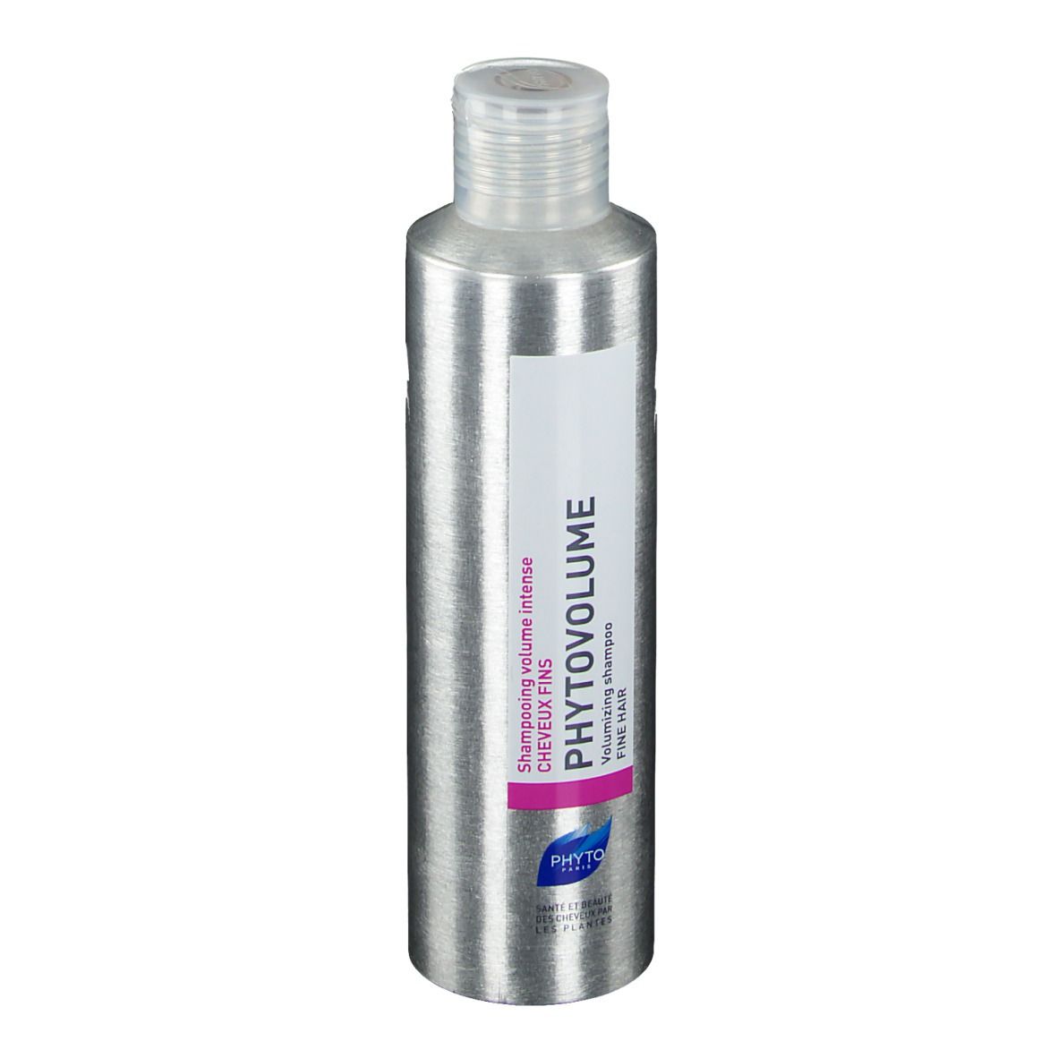 Flacon de shampooing argenté avec étiquette blanche. Inscription : PHYTOVOLUME, Volumizing shampoo, Fine Hair.