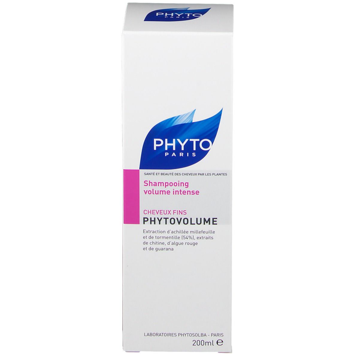 Emballage blanc avec texte et logo. Inscription : PHYTO PARIS, Shampooing volume intense.