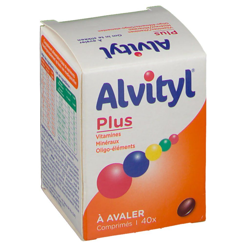 Boîte Alvityl Plus. Inscription: Vitamines, Minéraux, Oligo-éléments. Sphères colorées. Comprimé brun.