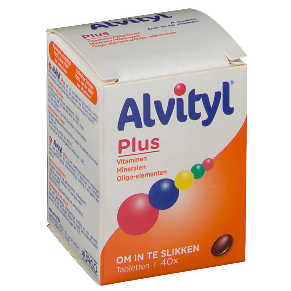 Boîte Alvityl Plus. Inscription: Vitamines, Minéraux, Oligo-éléments. Sphères colorées. Comprimé brun.