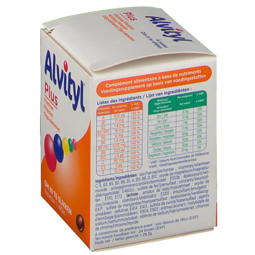 Dos de la boîte Alvityl Plus. Liste des ingrédients et informations nutritionnelles. Texte en français et néerlandais.