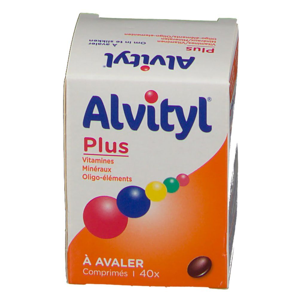 Boîte Alvityl Plus. Inscription: Vitamines, Minéraux, Oligo-éléments. Sphères colorées. Comprimé brun.