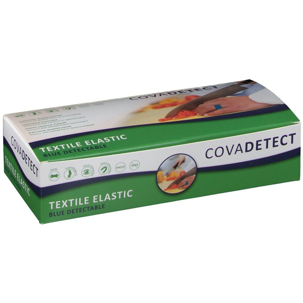 Emballage avec nom de marque Cova Detect et désignation du produit Textile Elastic Blue Detectable. Image d'une bande bleue.