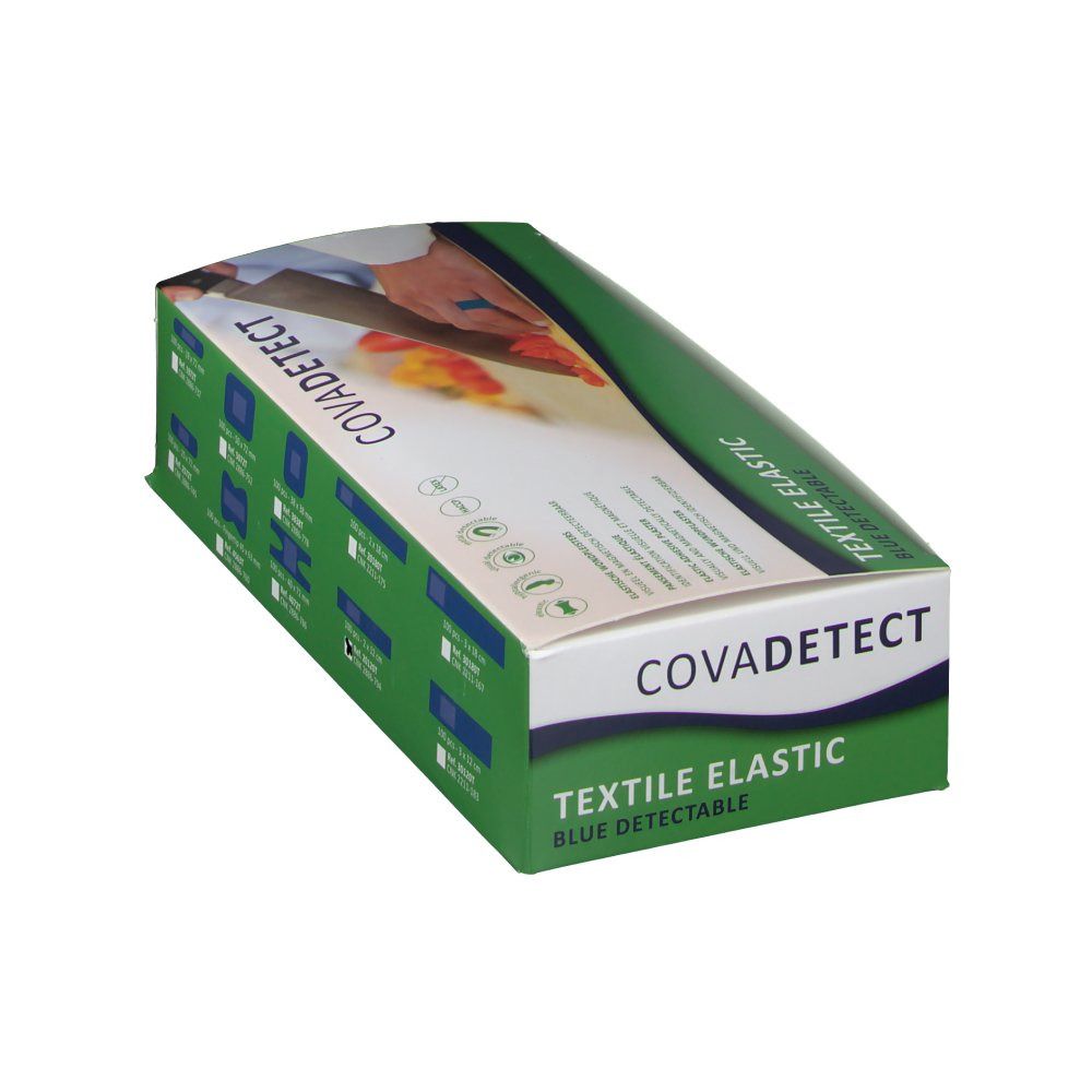 Emballage avec nom de marque Cova Detect et désignation Textile Elastic Blue Detectable. Vue en biais.