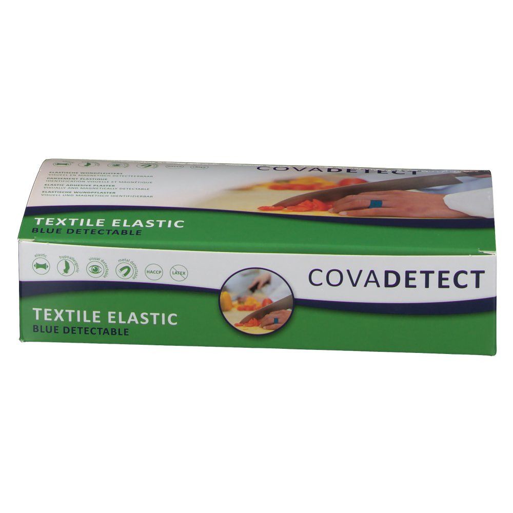 Emballage avec nom de marque Cova Detect et désignation Textile Elastic Blue Detectable. Illustrations et logos.